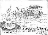 Photo # NH 103242: Cartoon depicting USS Siboney passing the Statue of Liberty, 1919
