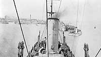 Photo # NH 104641:  View on board USS Santa Olivia as she steams past the breakwater lighthouse at St. Nazaire, France in 1919