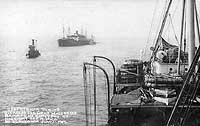 Photo # NH 105017:  USS Graf Waldersee under tow by USS Patricia, 12 June 1919, following her collision with S.S. Redondo.