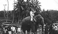 Photo # NH 106122:  Sailor enjoys an elephant ride, during the Great White Fleet's visit to Ceylon in December 1908