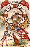 Photo # NH 106176-KN:  Post card welcoming the Great White Fleet to, Australia.  Artwork by Norman Carter