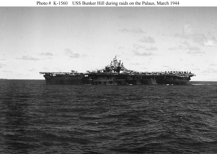 USS Bunker Hill after being hit with Kamikaze Planes at Okinawa