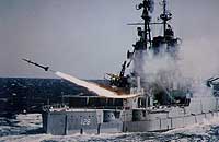 Photo # 80-G-K-17878:  USS Mississippi fires a Terrier missile during tests, circa 1953-1955