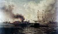 Photo # KN-843: CSS Tennessee surrenders during the Battle of Mobile Bay, 5 August 1864. Painting by Xanthus Smith