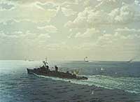 Photo # KN-11060:  USS Maddox engages North Vietnamese motor torpedo boats, 2 August 1964.  Painting by E.J. Fitzgerald