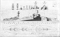 Photo # 19-N-73635:  Starboard side drawing of Camouflage Measure 31a Design 7B, for USS Arkansas (BB-33).