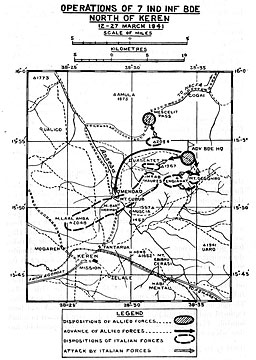 Map: Operations of 7 Ind Inf Bde North of Keren, 12-27 March 1941