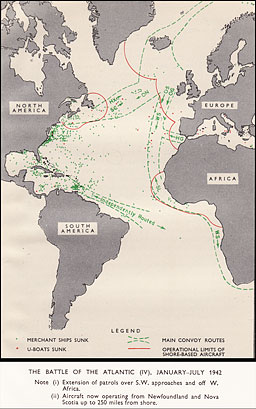 Map: Battle of the Atlantic, January-July 1942