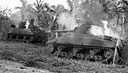 Two burning medium tanks M4A1 hit by enemy antitank guns near Yigo