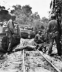 INFANTRYMEN ON ANGAUR PASS AN ENEMY CASUALTY lying across the narrow gauge railroad