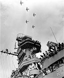 U.S. B-29'S flying over the USS Missouri< during the surrender ceremony