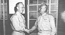 Lieutenant General Roy S. Geiger takes command of the Fleet Marine Force,
Pacific, from Lieutenant General Holland M. Smith at Oahu, Hawaii, 7 March 1945.