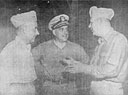 Vice Admiral BARBEY with Rear Admiral ARTHUR D. STRUBLE, U. S. Navy (left), Commander Amphibious Group Nine and Rear Admiral WILLIAM M. FECHTELER, U. S. Navy (right), Commander Amphibious Group Eight