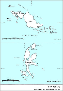 Map: Biak Island, Morotai, and Halmahera Islands