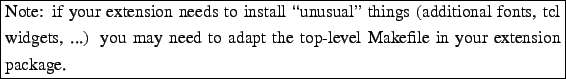 \framebox{\begin{minipage}[t][1\totalheight]{1\columnwidth}%
Note: if your exten...
...ed to adapt the top-level Makefile
in your extension package.%
\end{minipage}}%