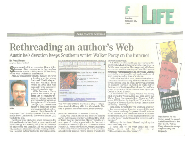 Image of Austin American-Statesman article on The Walker Percy Project